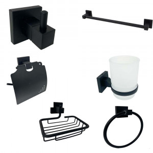 Vetrineinrete® Set bagno moderno in acciaio nero vetro satinato 6 pezzi accessori bagno portasaponetta portarotolo spazzolini asciugamano