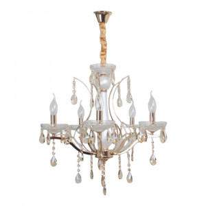Vetrineinrete® Lampadario da soffitto a 5 bracci a sospensione bianco perlato e oro con cristalli pendenti retrò classico attacco e14 
