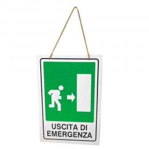 Vetrineinrete® Cartello uscita di emergenza a sinistra o destra targa in legno 20x30 cm con corda da appendere segnaletica interna per piano di evacuazione