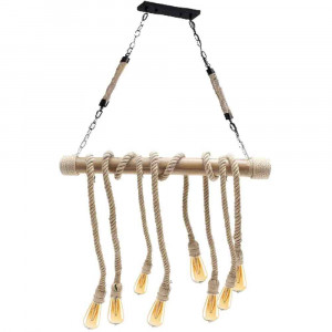 Vetrineinrete® Lampadario a sospensione con corda in canapa vintage 8 portalampada E27 lampada country retro in legno di bamboo