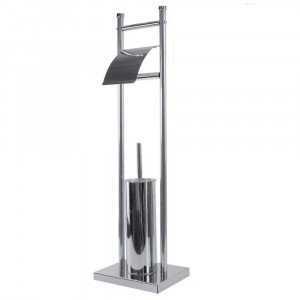 Vetrineinrete® Piantana porta rotolo e scopino da terra per wc in metallo base quadrata arredo bagno