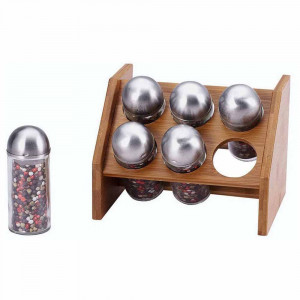 Vetrineinrete® Portaspezie 6 barattoli con espositore da Cucina per spezie Supporto per contenitori di Erbe aromatiche Supporto in Legno con 6 barattolini in Vetro