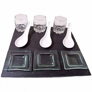 Vetrineinrete® Set aperitivo con vassoio in ardesia bicchiere salsiera piattini in vetro cucchiaioni in ceramica per buffet e aperitivi 