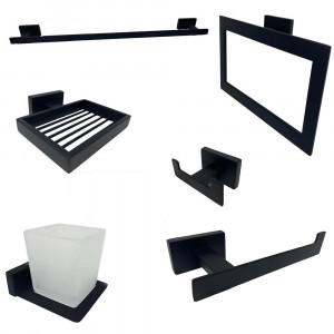 Vetrineinrete® Set bagno moderno rettangolare in acciaio nero vetro satinato 6 pezzi accessori bagno portasaponetta portarotolo spazzolini asciugamano