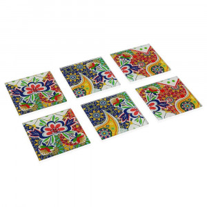 Vetrineinrete® Set 6 sotto bicchieri in vetro da tavola quadrati con decorazione floreale 10x10 cm 