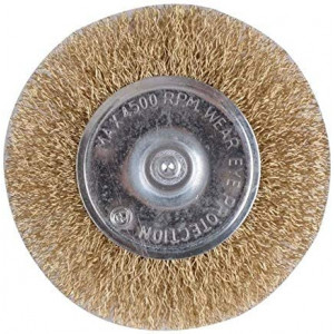 Vetrineinrete® Spazzola a disco per trapano setole filo in ferro ondulati ottonati con gambo  75 mm