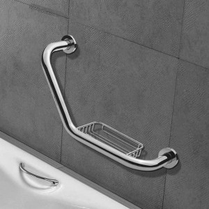 Vetrineinrete® Maniglione di sicurezza ad angolo con portasapone da bagno in metallo cromato supporto per anziani da parete sostegno per disabili per vasca doccia