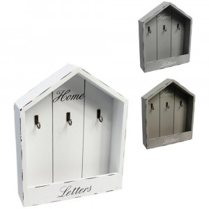 Vetrineinrete® Cassetta Portachiavi da Parete in Legno 3 Ganci a Forma di casa Bacheca appendichiavi con portalettere Shabby Bianco Grigio Fango 2198
