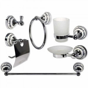 Vetrineinrete®  Set da bagno neoclassico in ceramica acciaio cromato vetro satinato opaco decorazioni floreali blu e nere