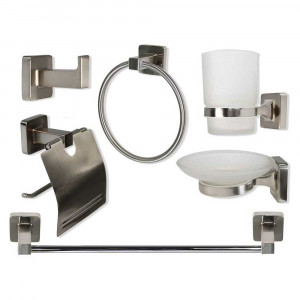Vetrineinrete® Set da Bagno Moderno in Acciaio e Vetro Satinato Opaco 6 Pezzi Accessori arredo Bagno Porta saponetta spazzolini Asciugamano portarotolo