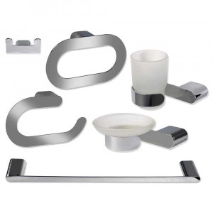 Vetrineinrete® Set da Bagno Design Moderno Ovale in Acciaio Cromato Lucido Piatto e Vetro Satinato 6 Pezzi Porta saponetta portarotolo spazzolini Asciugamano