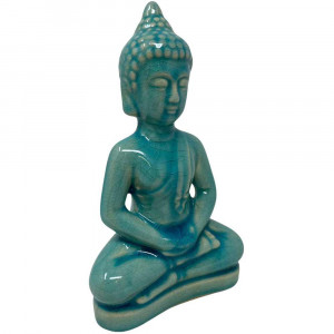 Vetrineinrete® Statua buddha soprammobile decorazione casa statuetta siddharta seduto portafortuna in ceramica 21X11 cm Celeste